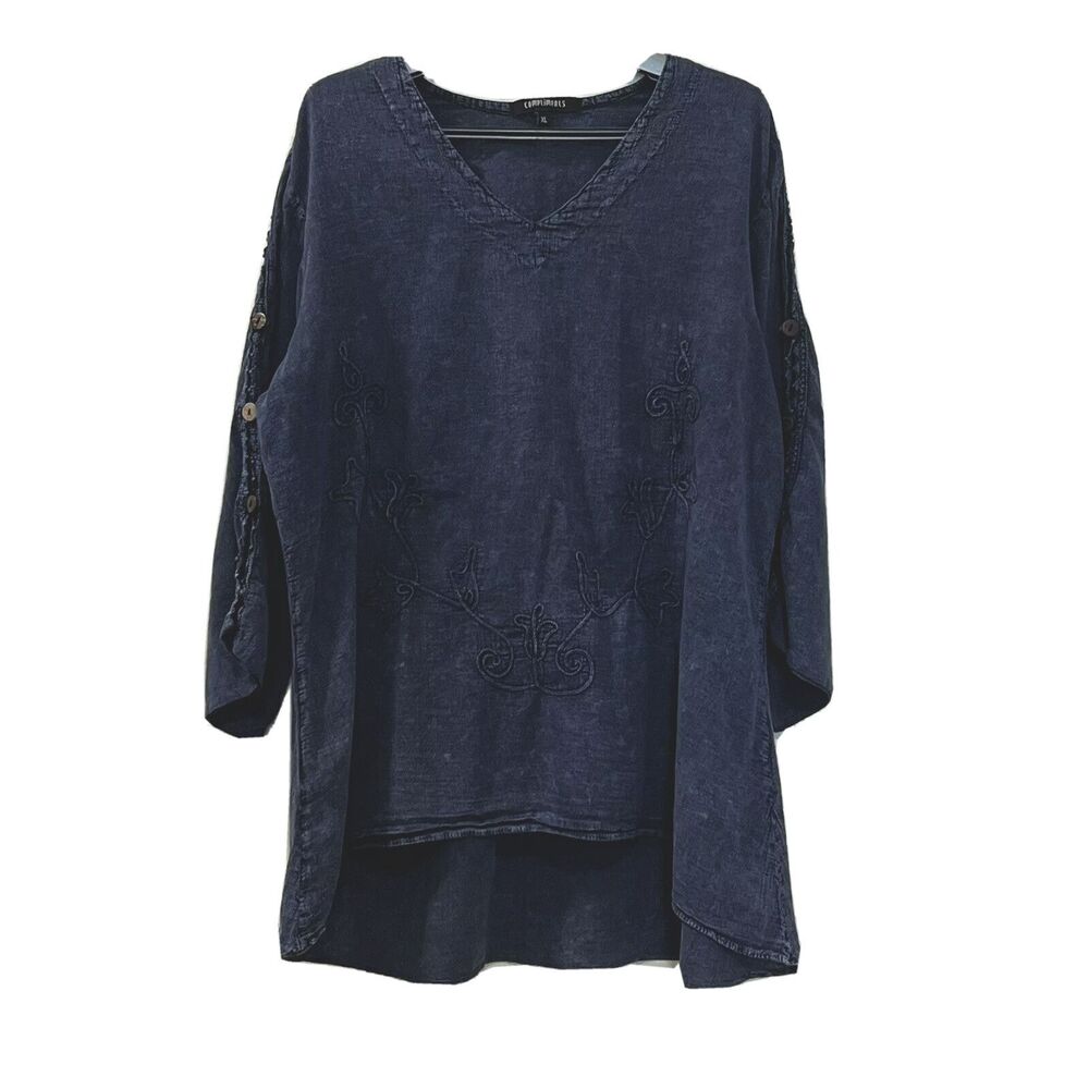 Compliments Women’s Chambray Pullover Embroidered Tunic Top Size XL Blue